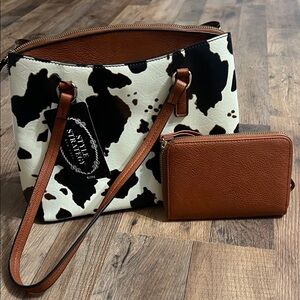 NWT Style Strategy kitty Cow Print and Brown Women's purse/ wallet Set
